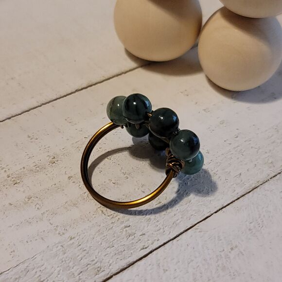 Handmade Copper Wire Wrapped Ring with Green Stone Beads Boho Adjustable - Picture 4 of 4